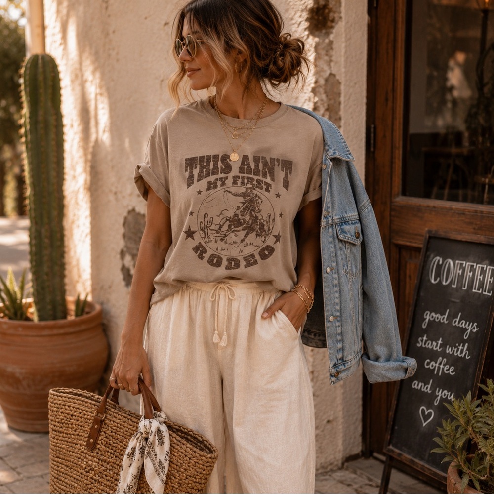 Western Rodeo Graphic Tee Desert Cowgirl Boho Festival Oversized T Shirt L